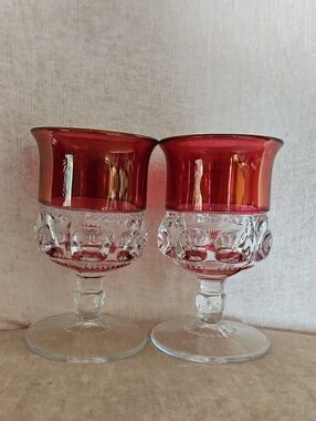 Tiffins King Crown Red Ruby Overlay Goblet Pair -